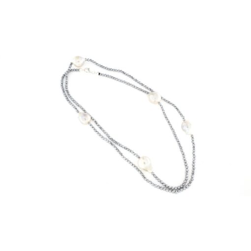 Collana lunga con pietre di ematite e perle barocche argento 925%-0