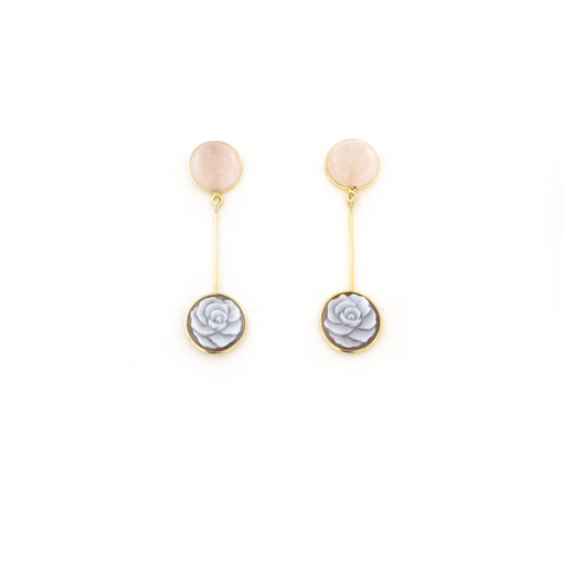 Orecchini pendenti in argento 925 con cammeo sardonica e quarzo rosa-0