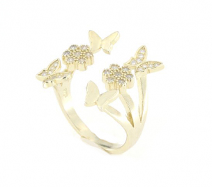 Anello regolabile in argento 925 con zirconi fiori e farfalle argento dorato -0