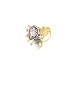 Anello regolabile in argento 925 con cammeo sardonica zirconi e perle-0