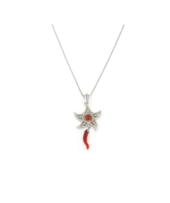 Ciondolo in argento 925 stella marina con zirconi e corallo rosso-0