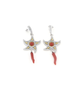Orecchini in argento 925 con stella marina zirconi e corallo rosso -0